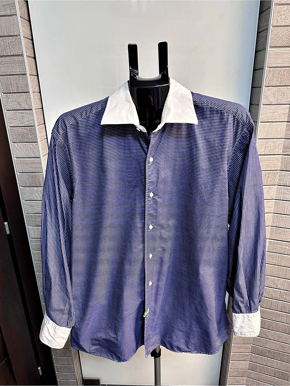 Ike Behar Men’s Horizontal Striped Dress Shirt in Navy & White Size 16 Neck 33 s